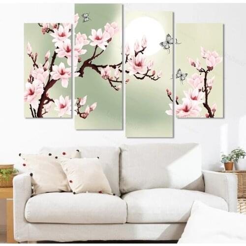 Beautiful Peach Blossom Flower Sun Modular Hd Printed 4 Panel Posters Home Decor Canvas Painting Wall Picture for Living Room