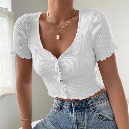 2021 Summer New Solid Color Ribbed Wavy Cropped Womens Short-sleeved Button Top Clothes Sexy Club Ladies Shirt for Women