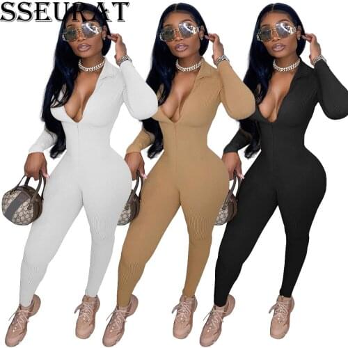 SSEURAT Autumn Womens Jumpsuit Long Sleeve Zipper Sexy Club Party Bodycon One Piece Overall Rompers Outfits