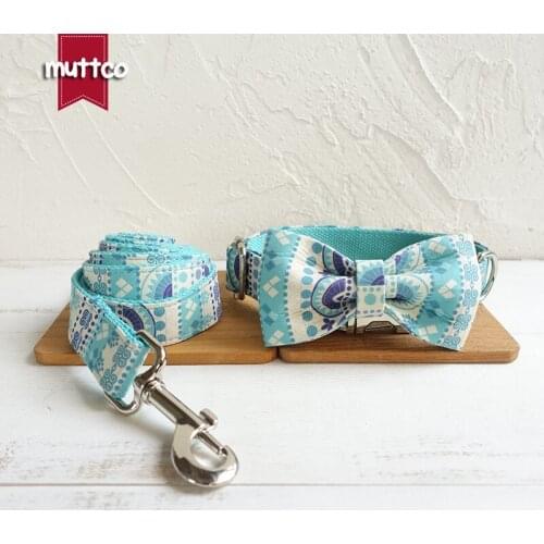 MUTTCO handmade bowknot high quality collar fashionable necklace THE FOLK BLUE dog collar and leash bow tie set 5 sizes UDC023