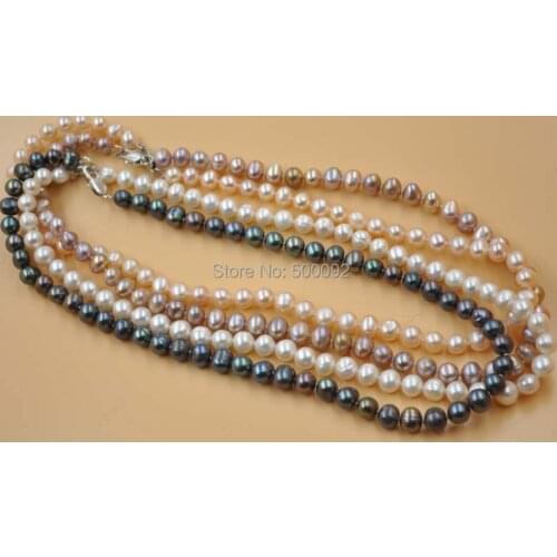Wholesale 4 strands 7-8mm white pink purple/black freshwater pearl necklace