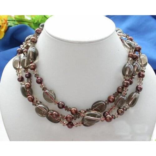 Unique Pearls Jewellery Women Necklace 3Row 18'' Coffee Round Freshwater Pearl Smoke Quartz Crystal Beads Necklace