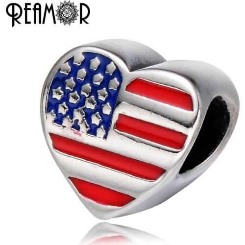 REAMOR 316l Stainless Steel Heart Enamel American Flag & Star European Big Hole Beads Charm For DIY Bracelet Jewelry Making
