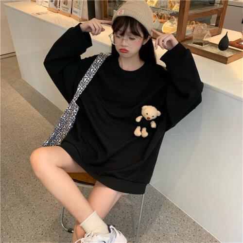 Sweatshirt Women Kawaii Clothes Solid O-Neck Pullovers Long Sleeve Oversized Hoodie Korean Tops Autumn Winter Bear Hoodies