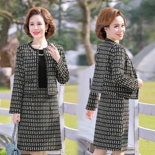 Mother Spring Autumn Suits Plaid Cardigan Jacket + Dress Two-Piece Sets Middle-Aged Elderly
