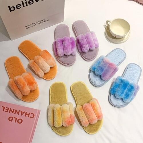 Women Winter Home Slippers Faux Fur Fashion Colorful Furry Slippers Fashion Neon Color Striped Slippers Warm Plush Indoor Shoes