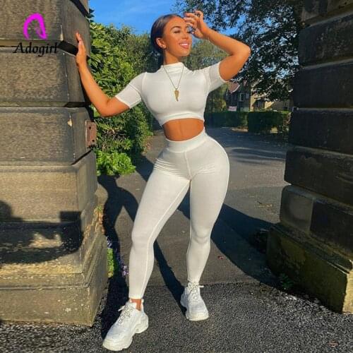 Tracksuit Women Two Piece Set Short Sleeve Crop Top Leggings Skinny Sporty Sweatpants 2021 Spring Summer Fitness Matching Outfit