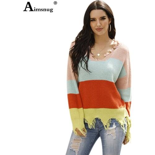 Patchwork Color Tops Womens Sweaters Pullovers V Neck 2020 Autumn Winter New Tunic Outerwear Female knitting Tassel Pullovers