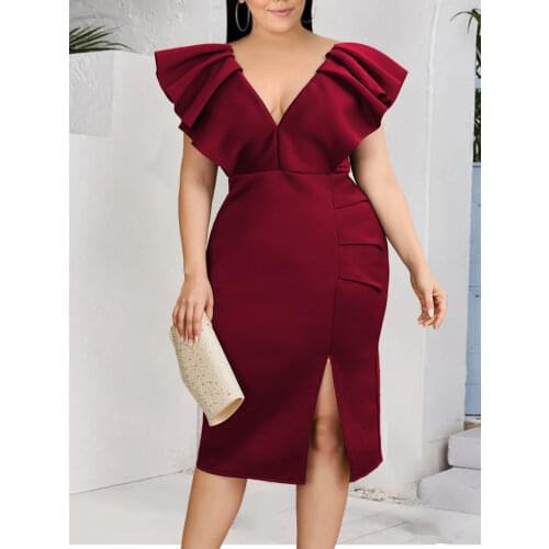 Women Deep V Neck Slit Dresses Bodycon Plus Size 4XL 5XL Fashion Ruffles Sleeves Evening Birthday Party Gowns Summer New Robes