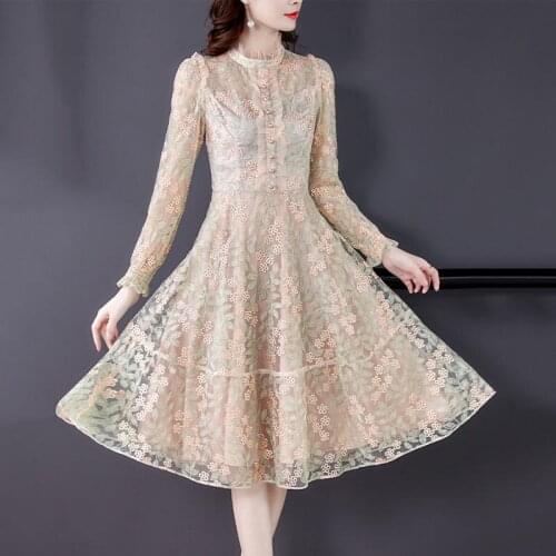 2021 Spring Autumn New Big Size 4XL French Elegant Embroidery Mesh Dress Ladies Fashion Stand Collar Female Vestidos aq1208