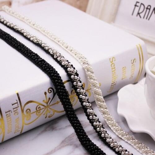 1Yards/Lot White Black Pearl Beaded Lace Ribbon Trim Embroidered Lace Fabric Beaded Fringe Clothing Accessories Wedding Dress