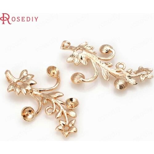 31275-G)6PCS 33x19MM 24K Champagne Gold Color Brass Flower Vane Charms Earrings Connector Jewelry Making Supplies Diy Findings