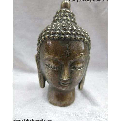 6" China brass copper Buddhism Shakya Mani Buddha Head Sculpture Statue