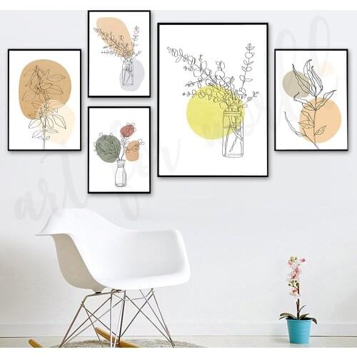 Abstract Line Flower and Leaves Canvas Print Nordic Colorful Boho Style Wall Art Painting for Living Room Home Decor