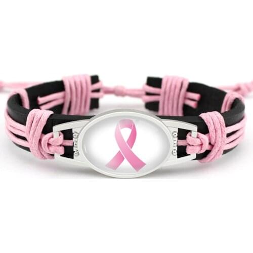 Fighter Breast Cancer Awareness Ribbon Charm Leather Bracelets Yellow Pink Green Orange Purple Ribbon Men Women Unisex Jewelry