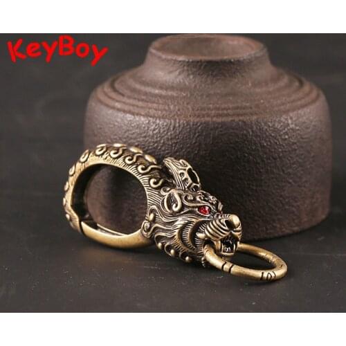 Pure Brass Red Eyes Dragon Head Keyrings Zodiac Dragon Keychain Men Waist Buckle Car Key Chain Pendant Charms Vintage Jewelry
