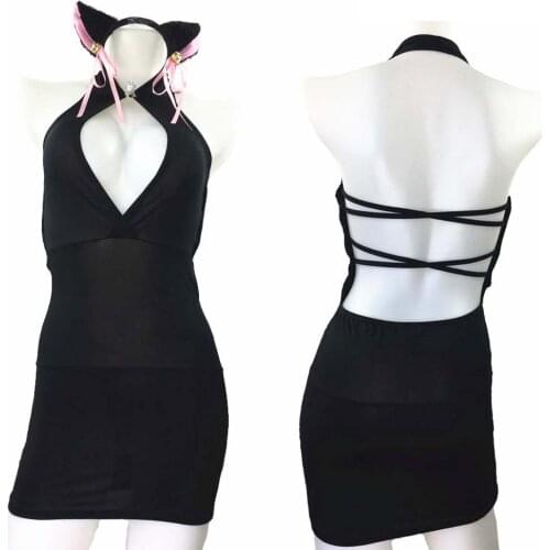 Black Sexy Bag Hip Dress Summer Stretch Tight-fitting Mini Dress Nightclub Party Nightclub Costume Cosplay Dress Ear Tail