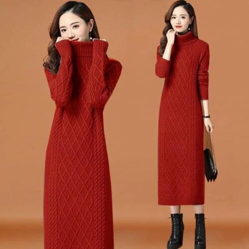 High-necked Long Sweater Womens Thick Autumn Winter Loose Outwear Twist Base Dresses Knitted Dress Women Turtle Neck Pullover