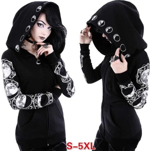 FEECOLOR Womens Fashion Cosplay Coat Jacket Print Gothic Punk Long Sleeve Witch Moon Hoodie Zipper