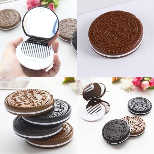 Hot sell Mini Pocket Chocolate Cookie Biscuits Compact Mirror With Comb ~Cute~deep coffee color