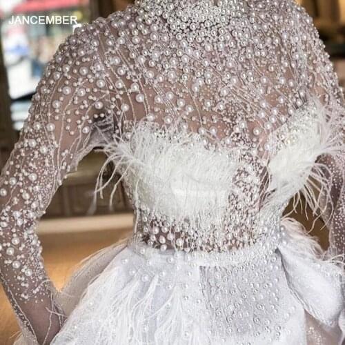 J67052 JANCEMBER Celebrity Dress 2021 Feather Long Sleeve Backless Pearl Sashes Removable Train High Neck Luxury Elegant White