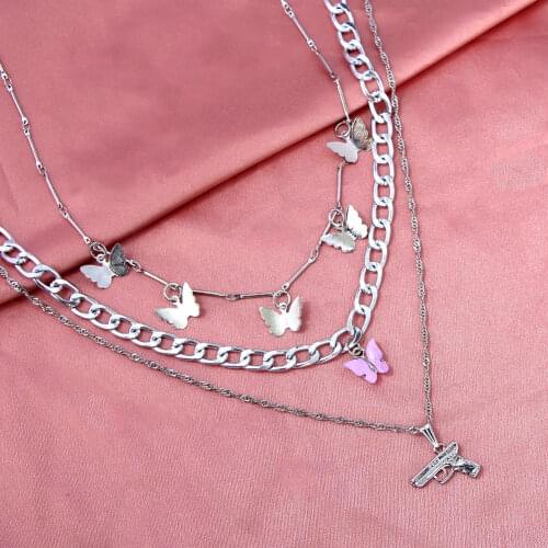 JJFOUCS 3Pcs/set Retro Pistol Butterfly Pendant Necklace for Women Silver Color Metal Cuban Chain Choker Necklace HipHop Jewelry