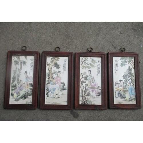 Chinese old ceramics painting with wooden frame,Classical Piano, chess, book, painting, for Wall decoration Living room