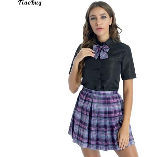 TiaoBug Women 3Pcs School Uniform Set Turn-Down Collar Short Sleeve Button Shirt With High Waist Plaid Pleated Skirt Bow Tie