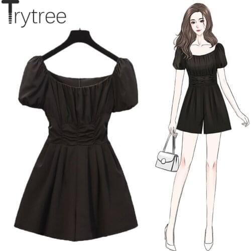 Trytree Summer Rompers womens Jumpsuit Casual Zipper Square collar Slash Neck Puff Sleeve Solid Wide Leg Shorts Jumpsuit A-line