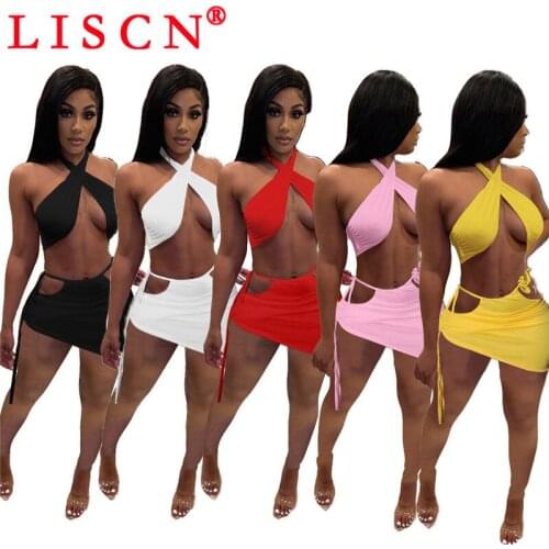 LISCN 2021 Halter Solid Color Bra Skirt Two Piece Set Sleeveless Outifits Sexy Women Clothing Bulk Items Wholesale Lots k6146