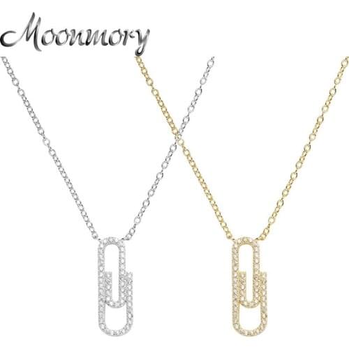 Moonmory 100% 925 Sterling Silver Crystal Paperclip Pendant Necklace For Women Fine Neck Chain Adjustable Jewelry Christmas Gift