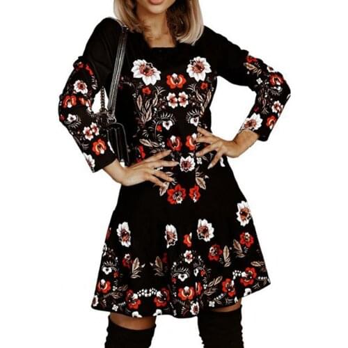New Fashionable Christmas Plaid Knee-length Dress Printed Snowflake Loose Hem Long Sleeve O Neck Floral Dress for Christmas