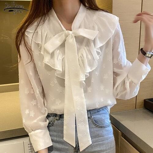 2021 Autumn Loose Womens Blouse White Long-sleeved Solid Blouse Ladies Bow Tie Ruffled Chiffon Shirt Blusas Mujer De Moda 15784