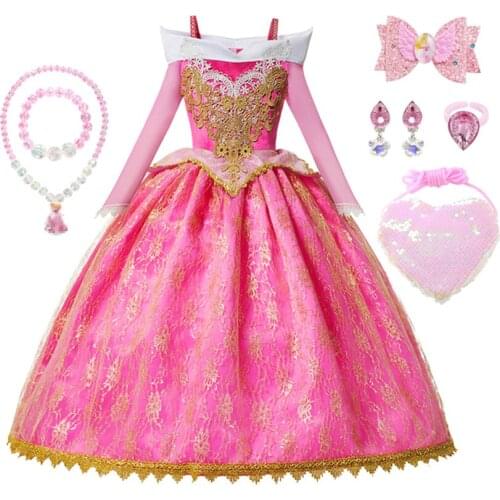 Sleeping Beauty Girls Aurora Princess Dress Long Sleeves Off Shoulder Lace Robe Kids Gorgeous Christmas Gift Fancy Party Outfits