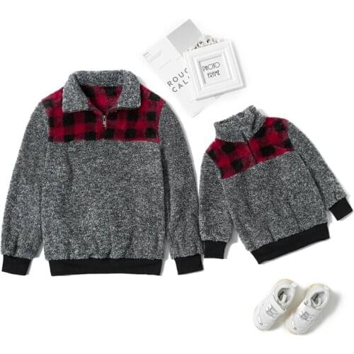 Family Matching Outfits Autumn Winter Plaid Stitching Pullover Plush Top Mother Daughter Parent Child Wear Baby Girl Kid Clothes