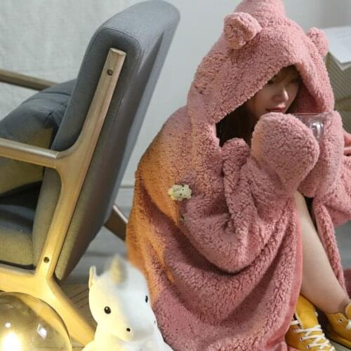 Kawaii Winter Weighted Blanket Creative Hooded Bear Pattern Pure Color Cloak with Gloves Home Supplies Girls Gifts