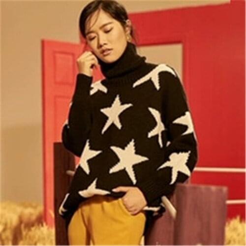 100% hand made pure wool turtleneck knit women fashion stars contrast color loose pullover sweater customized