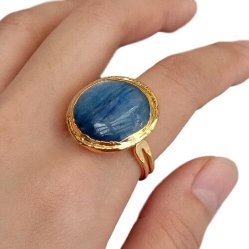YYGEM Natural Blue Kyanite Ring Coin Gold Electroplated Ring Adjustable Size Ring