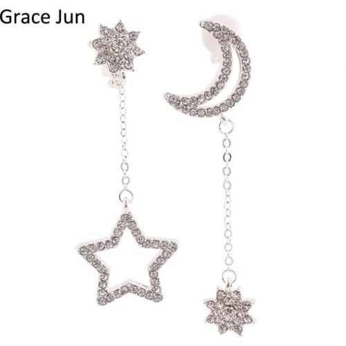 Grace Jun(TM) Long Rhinestone Silver Plated Star Moon Snowflake Shape Clip on Earrings No Pierced for Women Ear Clip Korea Style
