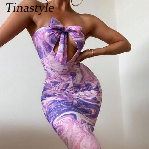 Tinastyle Purple Print Hollow Out Sexy Dress for Women Off Shoulder Hollow Out Bodycon Party Dress Y2K Clubwear Vestidos 2021