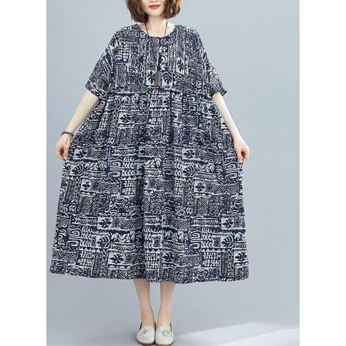 Oversized Women Cotton Long Dress New 2021 Summer Simple Style Vintage Print O-neck Loose Comfortable Female Casual Dress S2897