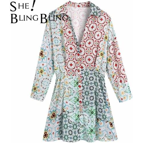 SheBlingBling Za 2021 Women Summer Drop Shoulder Long Sleeve V Neck Casual Shirt Dress Print High Waist Female Chic Mini Dresses