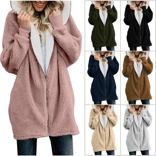5XL Women Coat Winter Causal Soft Hooded Pocket Zipper Fleece Plush Female Coat Warm Faux Fur Fluffy Women Jacket Plus Size