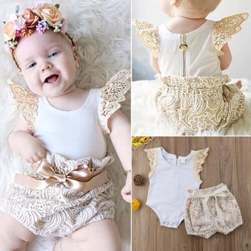 Infant Baby Girls Clothing Sets Lace Sleeveless Zipped Tops+Floral Bow Shorts 2pcs Vogue Bebe Girls Kids Clothes Suit