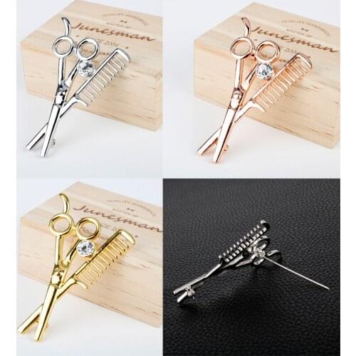 Comb Scissors Brooch 3D Barber Shop Pole Shape Crystal Pins Up Brooches Wedding Dress Girl Hairdresser Jewelry Lapel Pin
