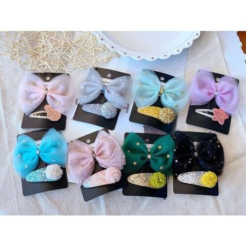 Boutique ins 20Sets Fashion Cute Glitter Star Gauze Bow Snap Clips Solid Pom Pom Barrettes Princess Headwear Hair Accessories