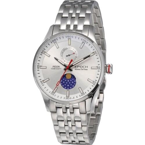 Men moon phase watch,mens T100 tritium watches EPOCH man luxury switzerland luminous wristwatch 100m waterproof quartz relogio