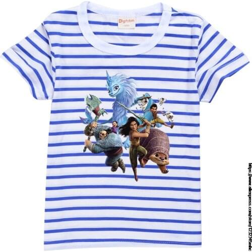 Raya and The Last Dragon Childrens T-shirt Boys And Girls Clothes Short Sleeve Infant Cotton Kids Clothing Stripes Summer Tops