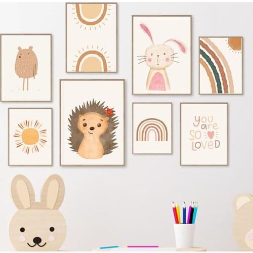 Rabbit Hedgehog Rainbow Sun Nursery Wall Art Canvas Painting Nordic Boho Baby Poster And Prints Wall Pictures Kids Room Decor