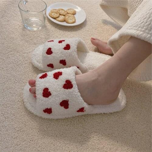 HKSNG House Slippers For Women Girls Fur Slides Winter Warm Womens Indoor Slippers Cute Heart Print Soft Bedroom Home Shoes